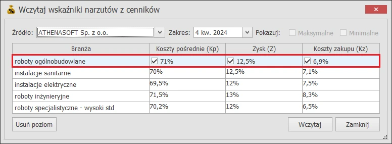 Widok okna wczytywania wskaźników narzutów z bazy cenowej INTERCENBUD