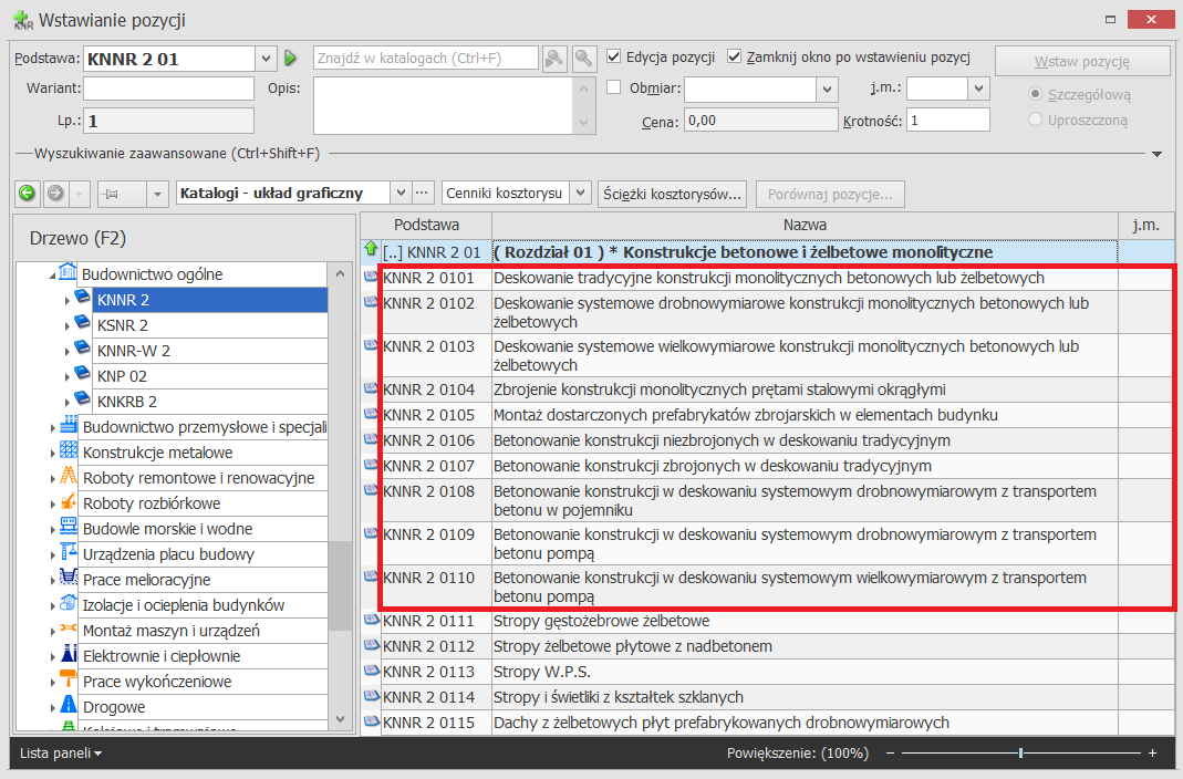  Widok tablic KNNR 2 rozdz. 01 w oknie wstawiania pozycji w programie Norma EXPERT 