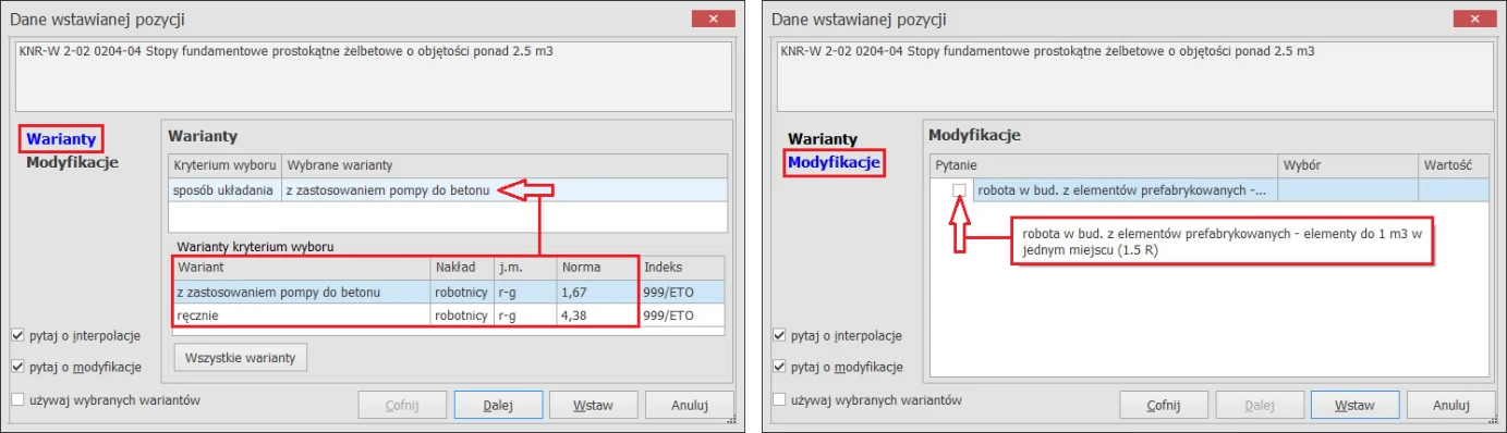 Okno danych wstawianej pozycji 