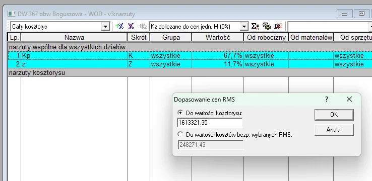 Dopasowanie cen RMS w programie Norma Pro