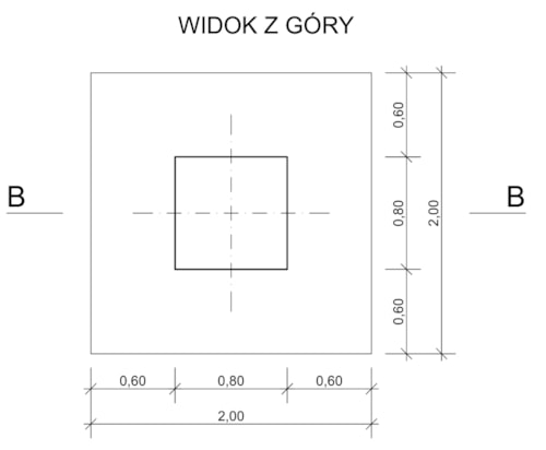 Wykop jamisty pod jedną ze stóp fundamentowych wiaty, łącznie przewidziano sześć stóp (uproszczony szkic do obliczeń)