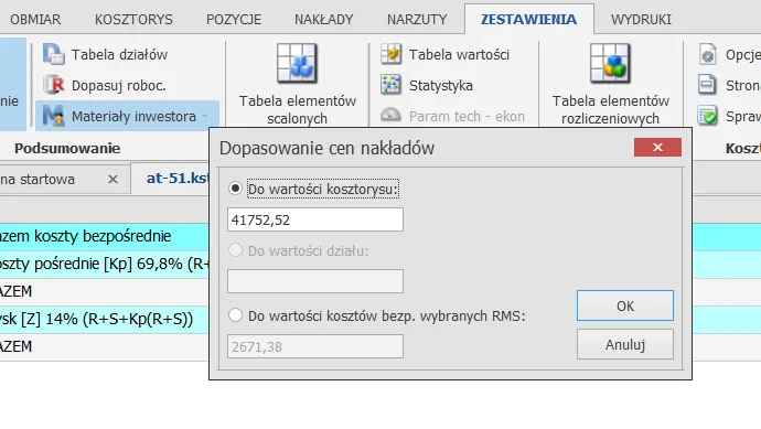 Dopasowanie cen nakładów w programie Norma Ekspert