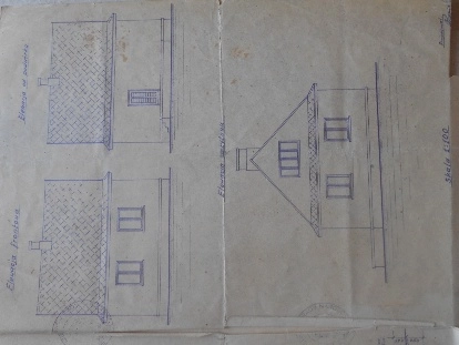 Zdjęcie archiwalnej dokumentacji budynku wykonanej przez kreślarza i przeniesionej na papier światłoczuły w procesie światłokopii